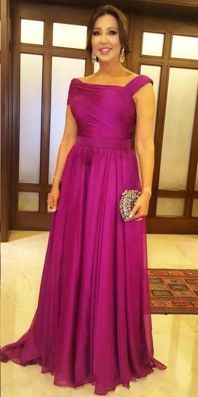 

Long Simple Cheap Mother of bride Dresses Fuchsia Chiffon Draped Sweep Train Plus Size Cap Sleeve Wedding Guest Dress Formal Mothers Dresses
