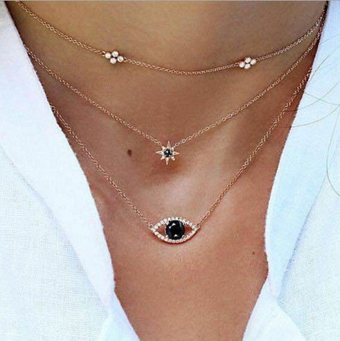 Jewelry Multi Layer Necklaces Hexagonal Star Eye Rhinestone Decorated Chokers Necklaces Gold /Silver Plated Gifts For Womens /Girls