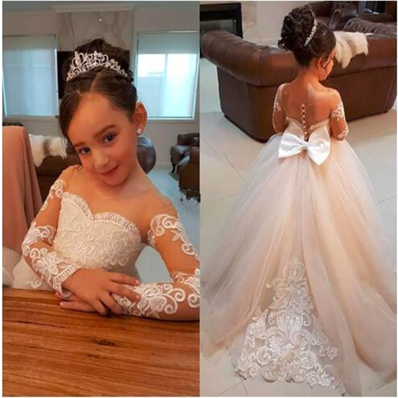 

Classic Flower Girl Dress For Wedding with Bow Lace Appliques Train Sheer Neck Long Sleeves Girls Pageant Gowns Custom Made, Pink