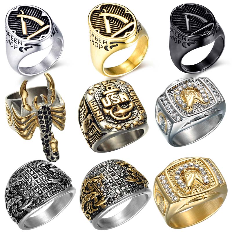 

Punk Vintage Black Crystal Scorpion Eagle Razor Pattern Mens Ring Gold Color Round Stainless Steel Titanium Horse head Rings for Men Jewelry