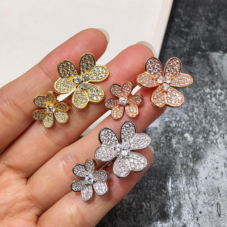 

fashion Jewelry Full of Diamond Clover Six Flower Opening Double Flower rose gold silver Ring for woman