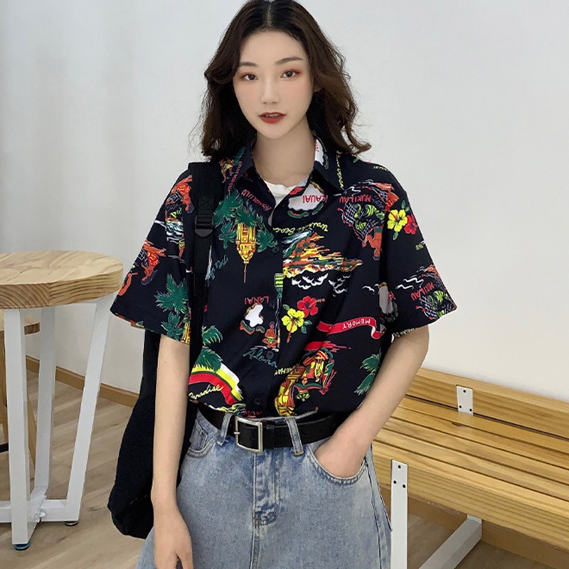 

Retro Beach Style Shirts Fashion Casual Cartoon Print Women Blouses Loose Wild Short Sleeve Turn-down Collar Tops, Black