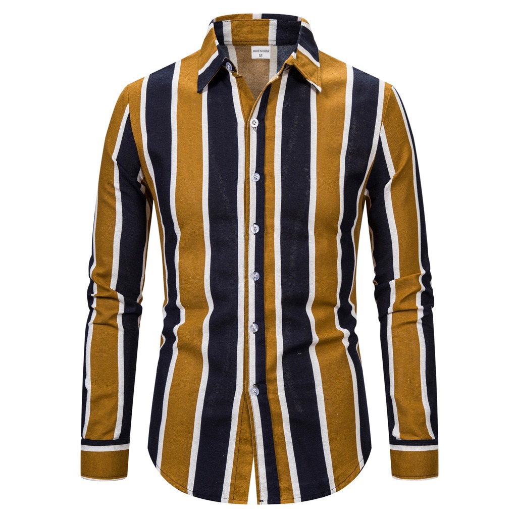 

Mens Striped Shirt Fashion Casual Long Sleeve Cotton Linen Striped Printing Fit Slim Shirt Tops chemise homme Streetwear Clothes, Yellow