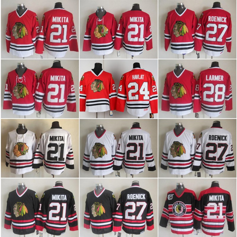 

Chicago Men 21 Stan Mikita Home Jersey Hockey Blackhawks Vintage CCM 27 Jeremy Roenick 24 Martin Havlat 28 Steve Larmer Home Red White Black, As pic