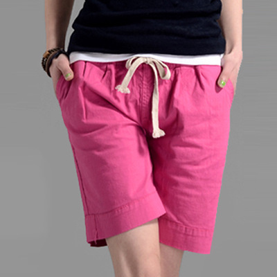 

Summer women shorts fashion casual linen shorts elastic waist with pockets, Black