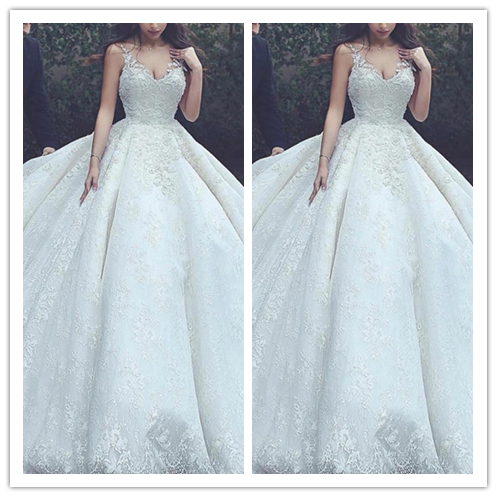 Balle robe de mariée en dentelle col en V profond Appliques dentelle Puffy longueur de plancher de mariée Robes Robes Robes de Noiva robe de mari