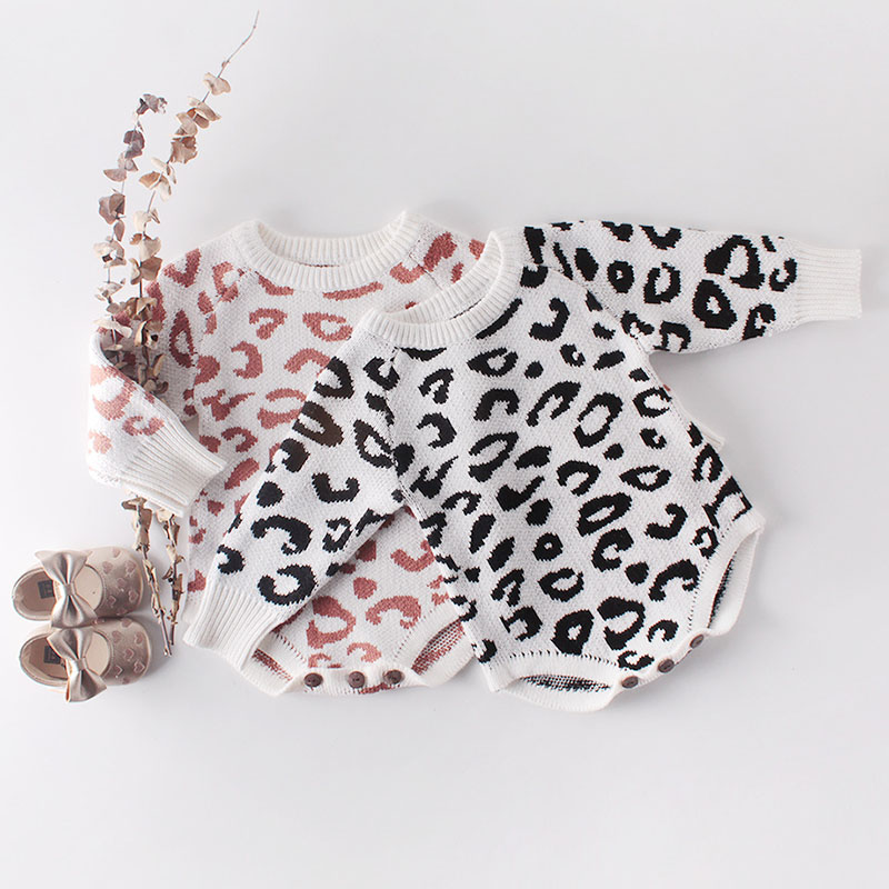 

New 2020 Spring Autumn Baby Girls Rompers Baby Clothes Bodysuit Long Sleeve Leopard Print Knit Rompers Infant Girls, Pink