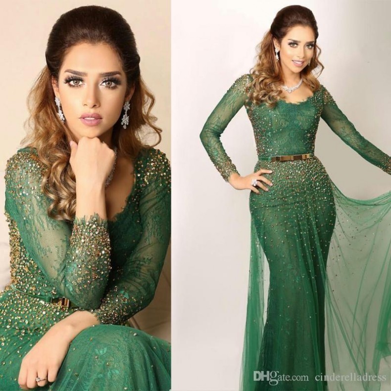 

2019 New Saudi Arabic Green Evening Dresses Bateau Lace Crystal Beaded Sheer Long Sleeves Prom Gowns Mermaid Dress Mother Wear, Same as picture
