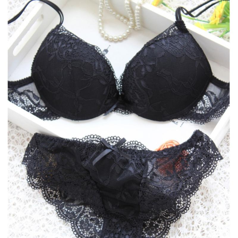 

Sexy Women Embroidery Lace Floral Lingerie Underwear Push-Up Bra Set Panty, Black