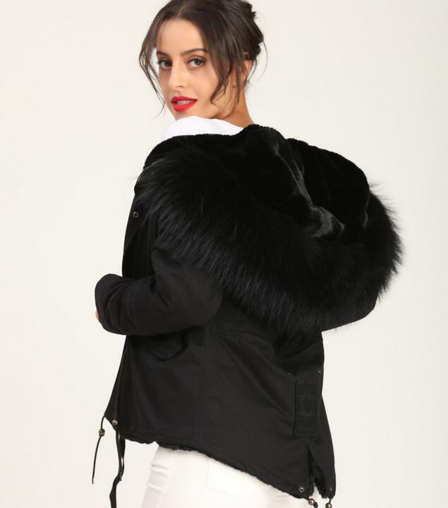 

Classic black raccoon fur trim MEIFENG brand women snow jacket black rex rabbit fur lining black mini parkas, Black fur