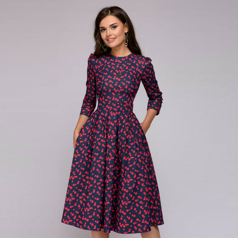 

Women Elegant Midi Dress Autumn Floral Print Long Sleeve Evening Night Party Dress Beach Casual Sundress Ladies Clothing, As photo shows