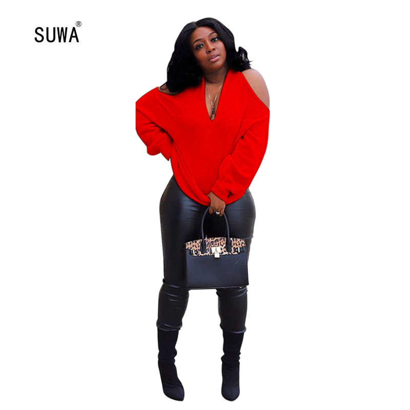 

Hot Sale Winter Women' Sweater Vintage Classic Streetwear Ladies Solid Color V Neck Bare Shoulder Long Sleeve Top 4 Color, Black