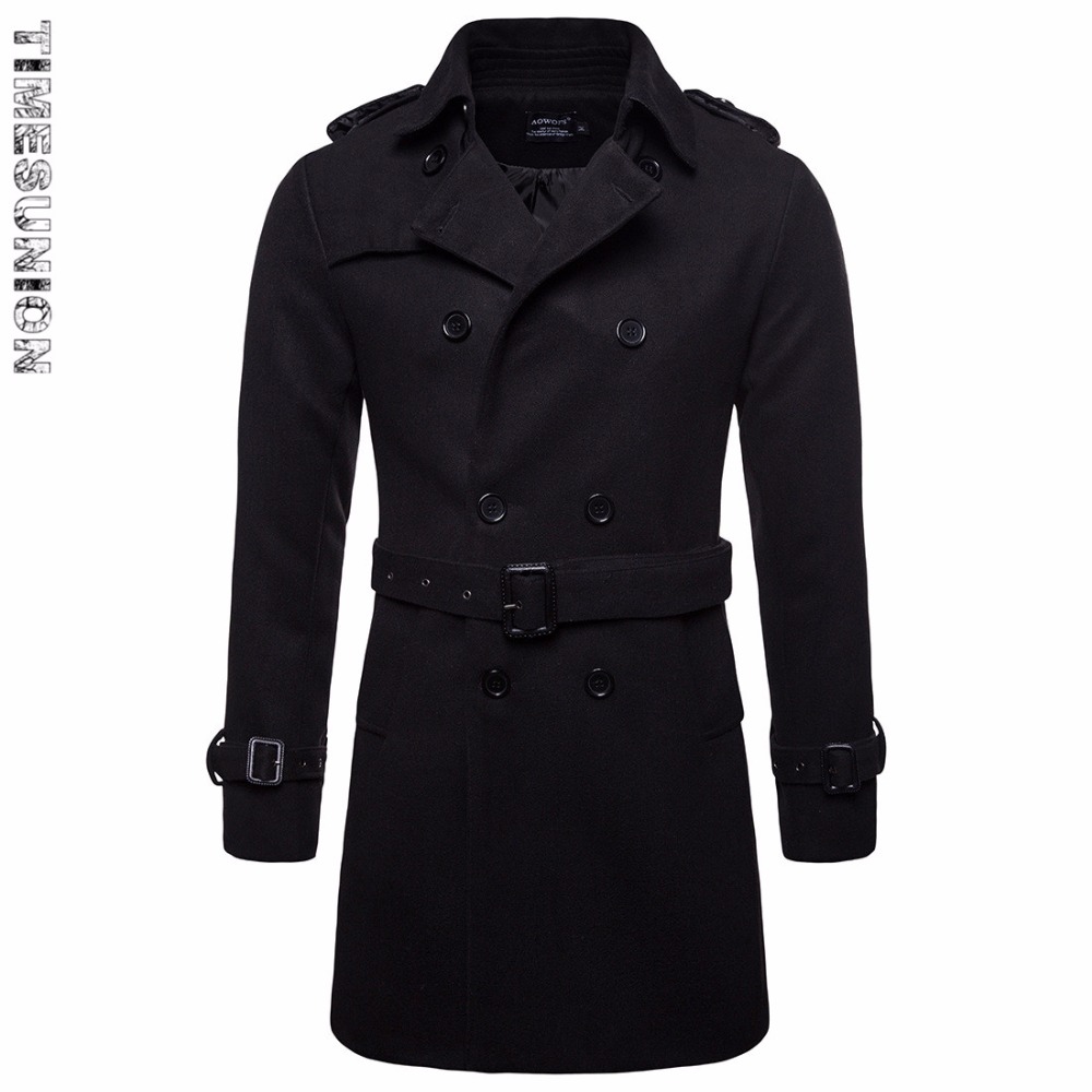 

Autumn Winter Slim Wool Coat Men Fashion Belt Design Men Turn-down Collar Long Style Windbreaker Double Breasted Coat, Black