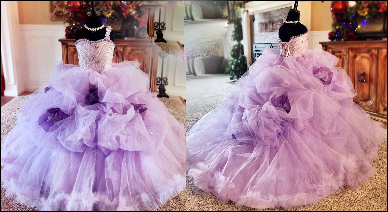 

2020 Flower Girls Dresses One Shoulder Sleeveless Ruched Appliques Lace Up Tulle Pageant Dresses Floor Length Girls Party Gowns, Gold