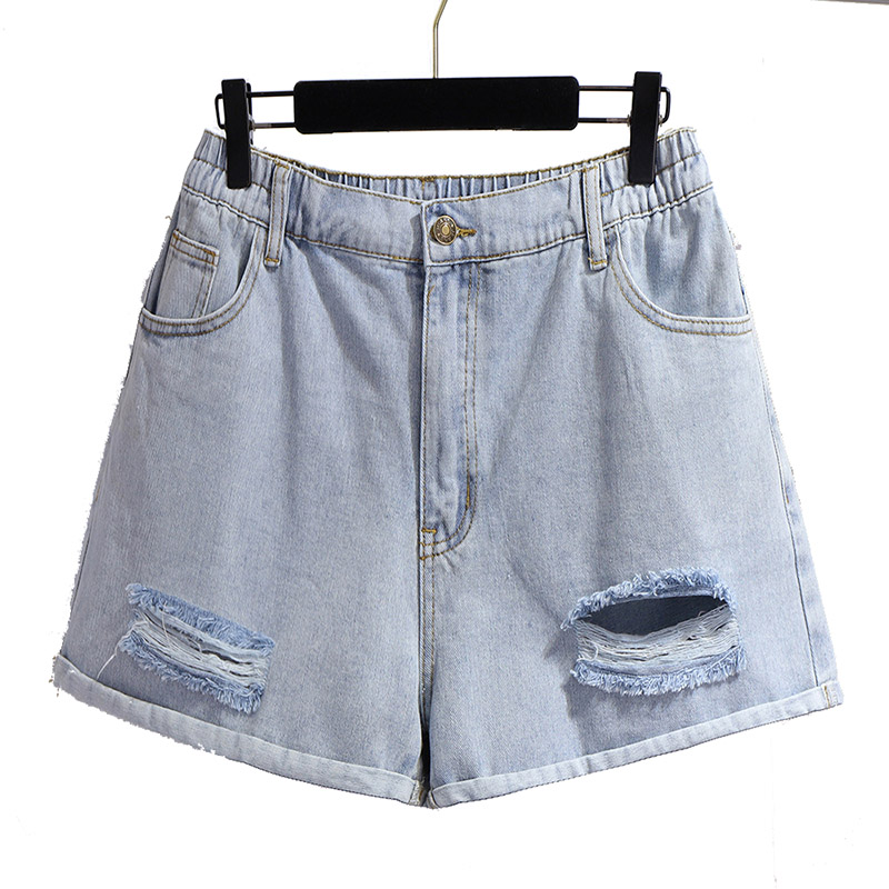 

New Women's Clothing Jeans 2020 Summer Casual Blue Elastic Waist Pocket Ripped Holes Plus Size Denim Shorts for Women 6xl, Blue ripped jeans