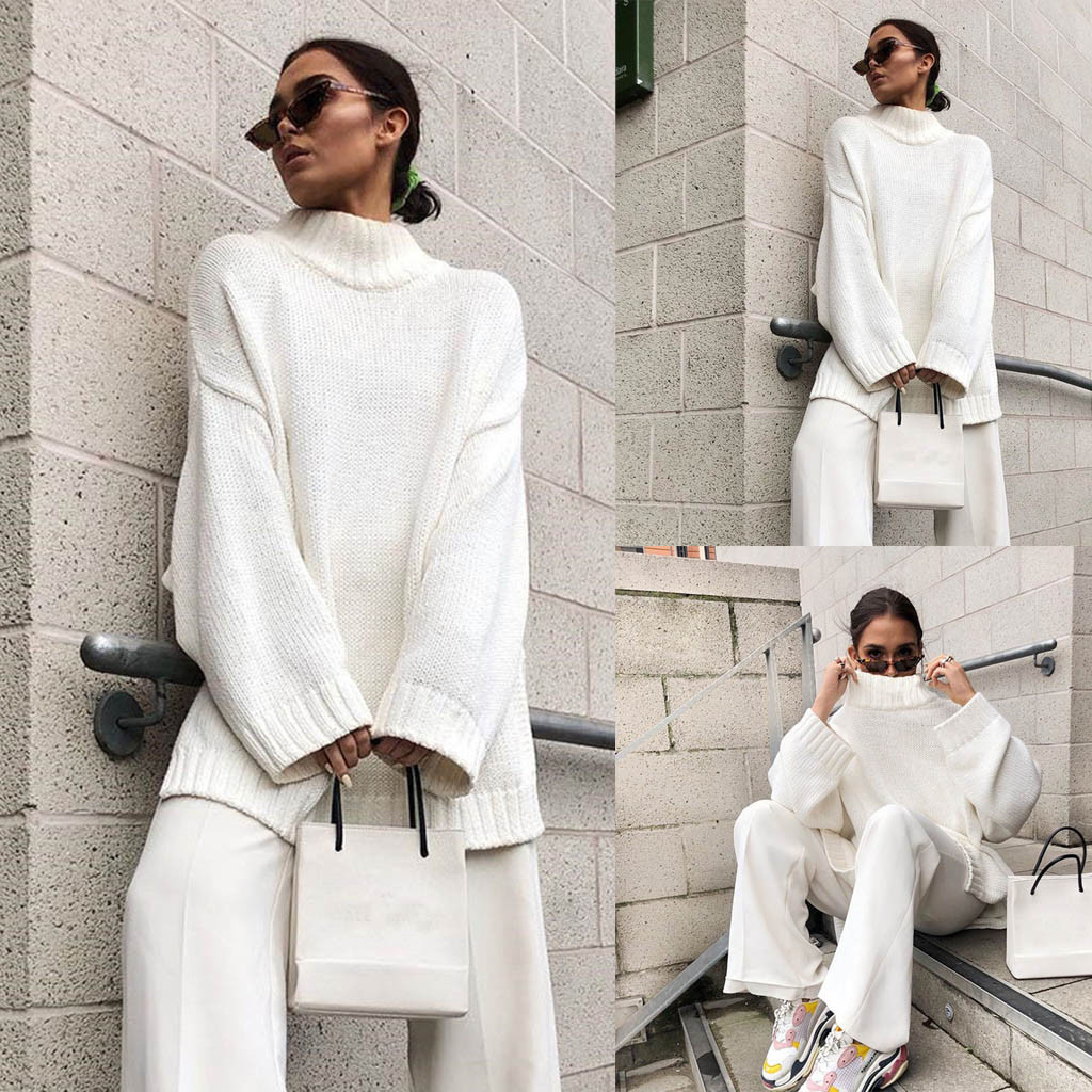 

Sweater Women Winter Simple Turtleneck Knit Top Knitted Pullovers Long Sleeve Casual Loose Pullovers 2019 Hot sudadera mujer, White