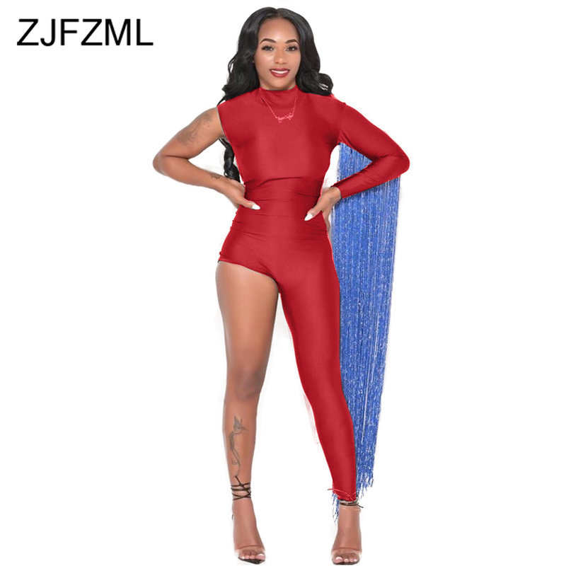 

Long Tassels Splicing Sexy Skinny Jumpsuit Women O Neck Long Sleeve Party Bodysuit Autumn Winter High Waist One Piece Overalls, Black