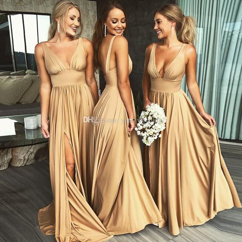 

Champagne Sexy Champagne Bridesmaid Dresses Deep V Neck Empire Side Split Floor Length Beach Boho Maid of Honor Gowns Wedding Guest Dresses