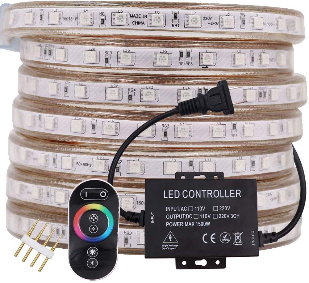 

LED RGB Rope Strip Light, AC 110/220V 60 LEDs/M SMD 5050 Touch Remote Control Multi-Color Changing Waterproof Flexible Strip Lights for Home
