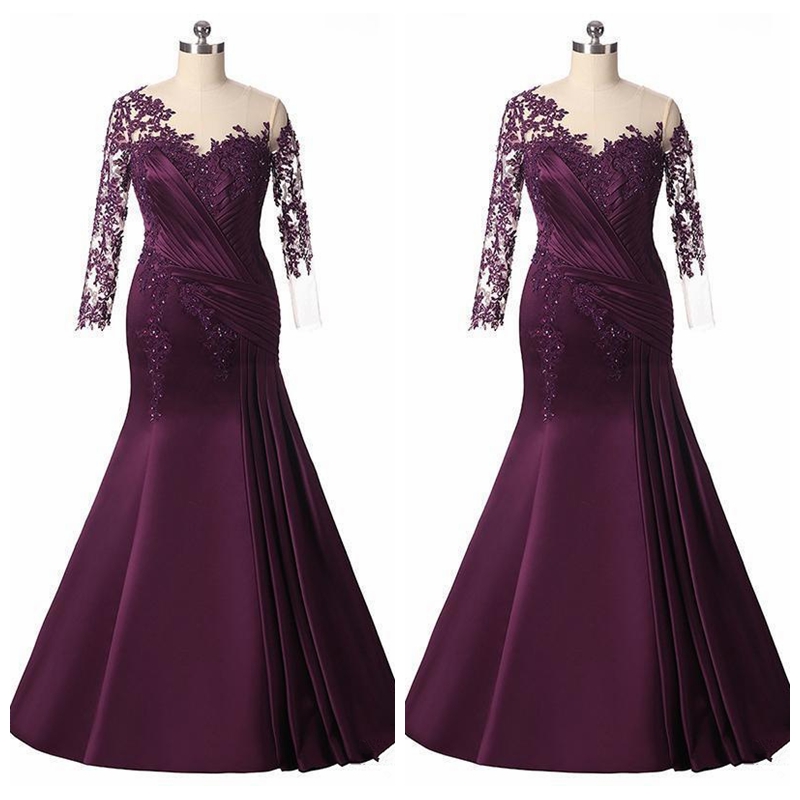 

Sheer Long Sleeves Mermaid Mother Formal Dresses Purple Lace Appliques Slim Beaded Women Evening Party Gowns Prom Dresses 2020 Formal Cheap