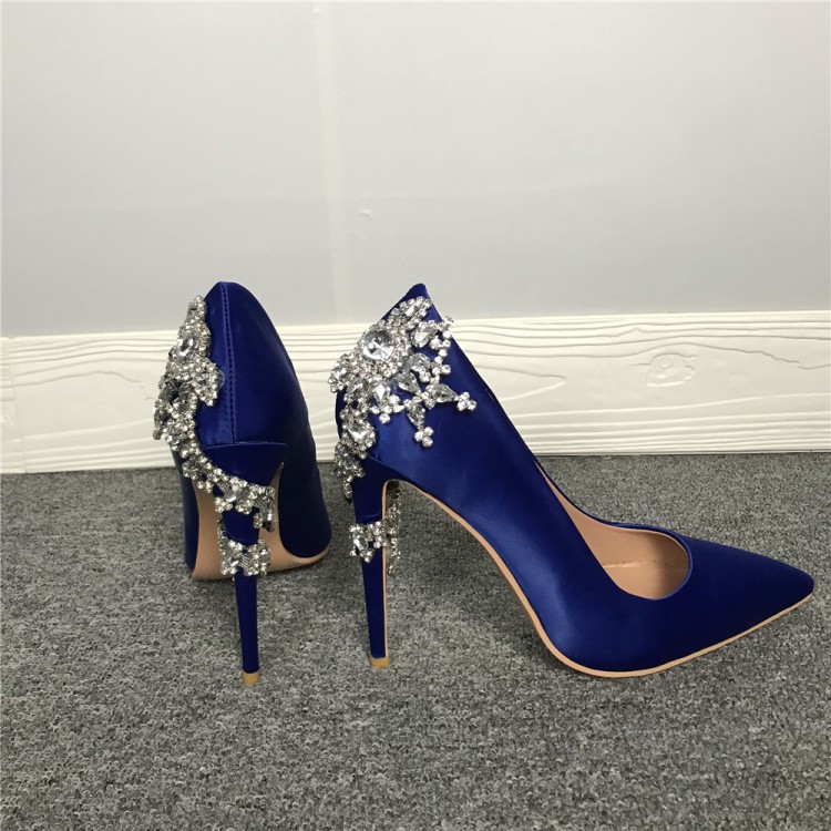 Olomm New Women Pumps Sexy Rhinestone Stiletto Heels Pumps Pointed Toes Elegant Blue Party Dress Shoes Women Plus US Size 5-15