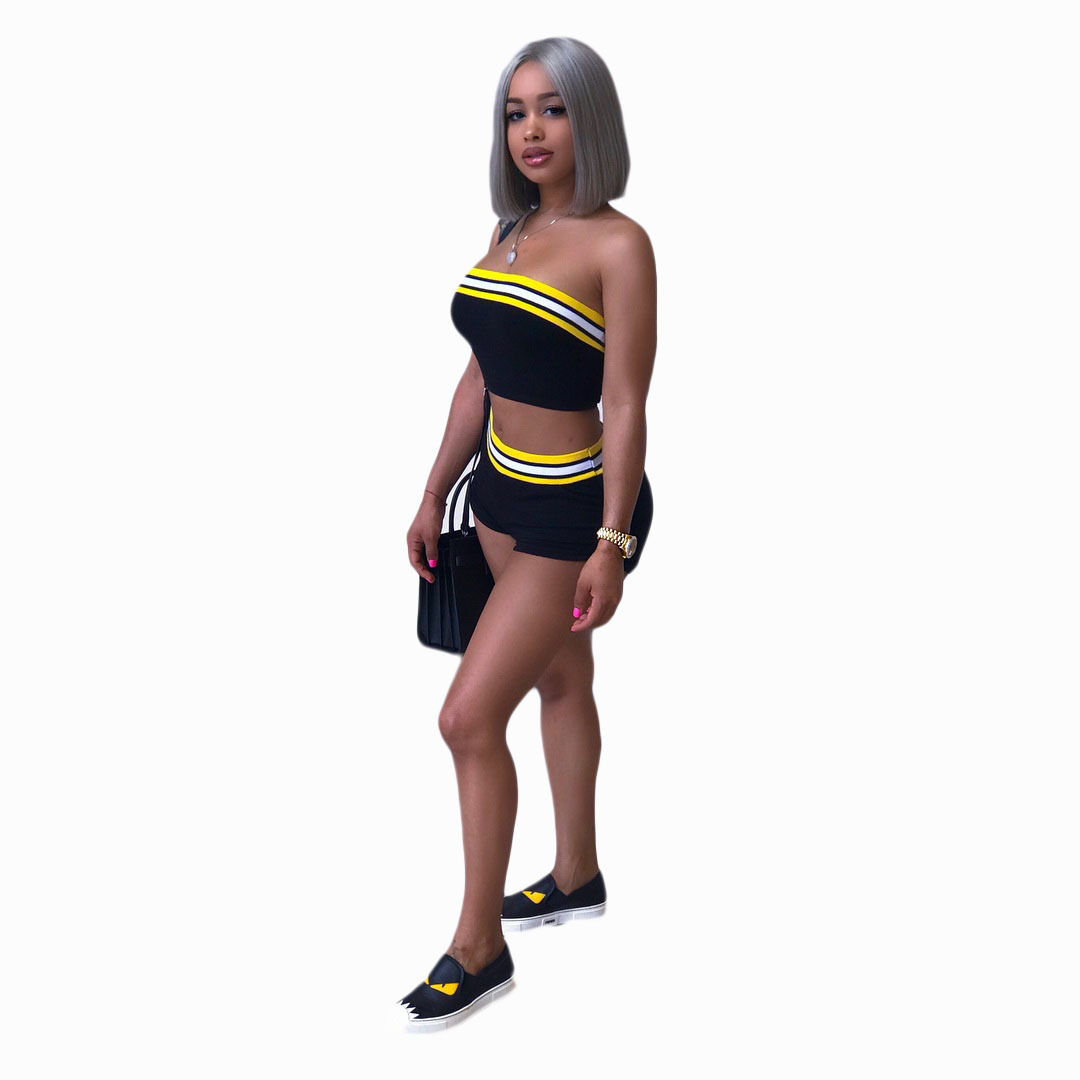 

10$ Free shipping U7080 Cross Border Women' Clothing Fashion Leisure Tight Splicing Chest Wrapped Hot Pants Suit, Black