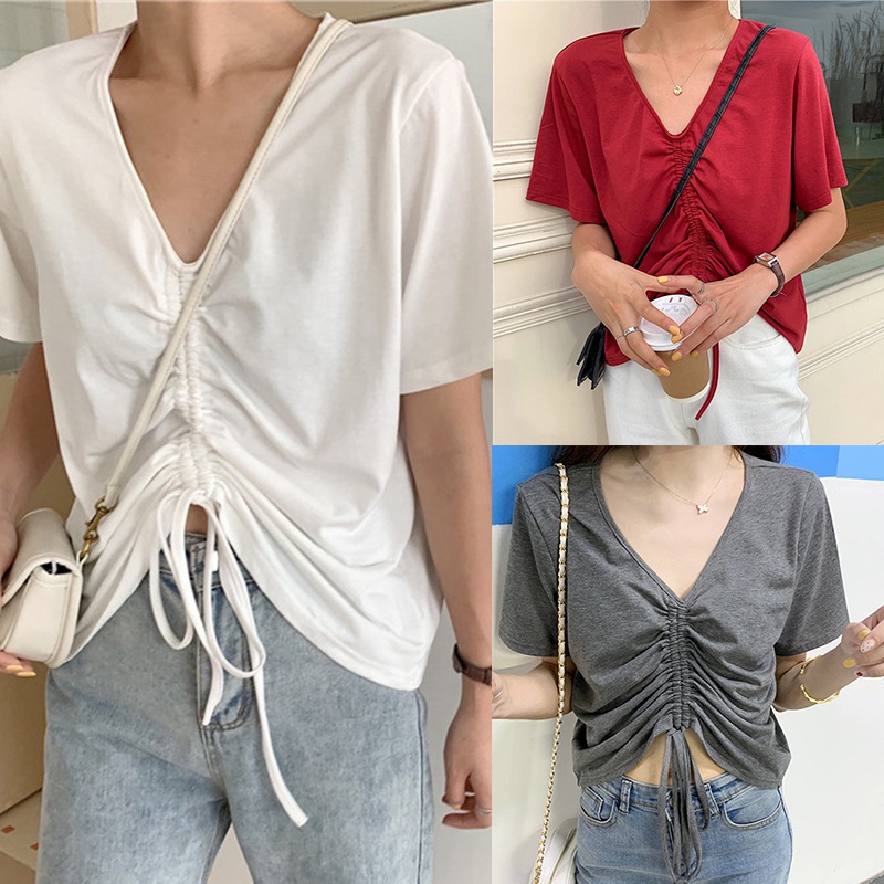 

Women Short Sleeve Elegant Plain Tank Slim Casual T-Shirt Simple Drawstring Wild Short Tops Ladies