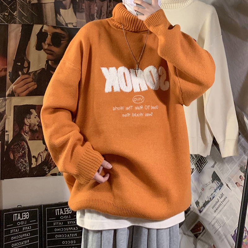 

Winter New High Collar Sweater Men' Warm Fashion Letters Casual Knit Pullover Man Wild Loose Long Sleeve Sweater Male Clothes, Beige