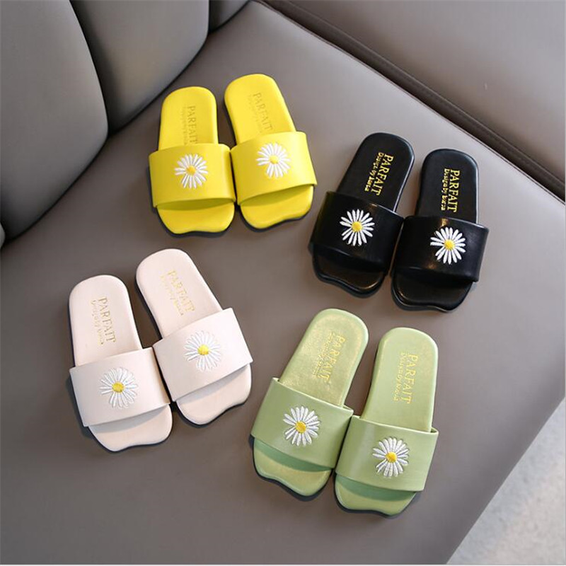 

Girls' flower slippers 2020 summer new children's pu princess indoor home square shoes girls sandals outside women's shoes26-36, Black