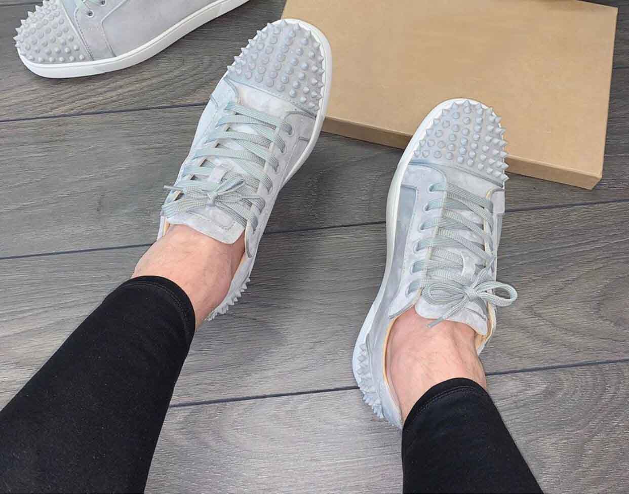 

Brand New Grey Suede Sneakers With Spikes Exquisite Red Bottom Sneakers Shoes For Women,Men Luxury Designer Casual Walking Big Sale, Black