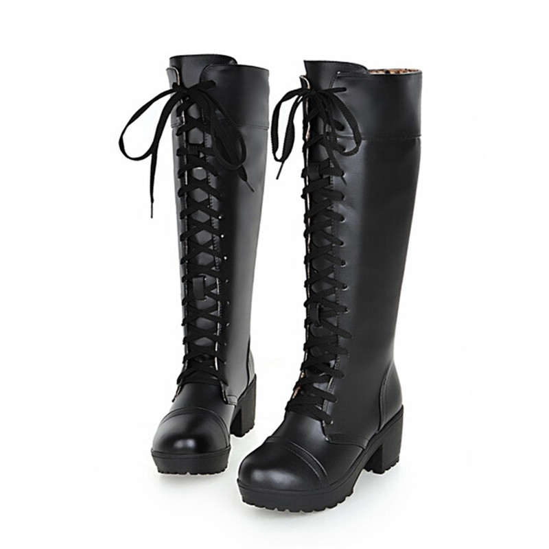 

Hot Sale- New Cross Tied Women's Motorcycle Boots Square Heel Knee High Long Boots Slim Lace Up Cosplay Knight Botas, Single style black