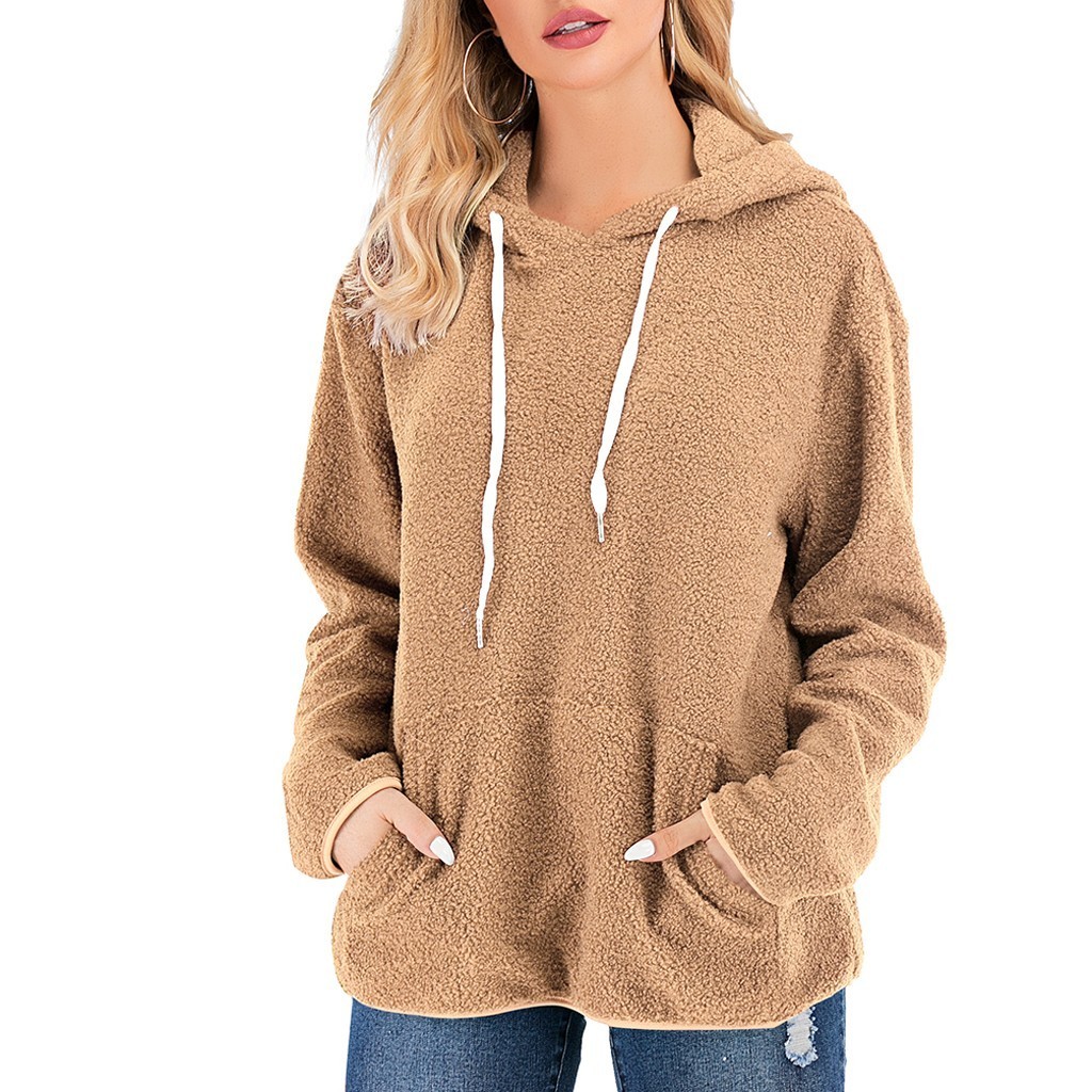 

Women Teddy Hoodie Fleece Sweatshirt Winter Warm Long Sleeve Solid Color Hooded Pullover Hoodies Plush Sweatshirt Streetwear, Brown