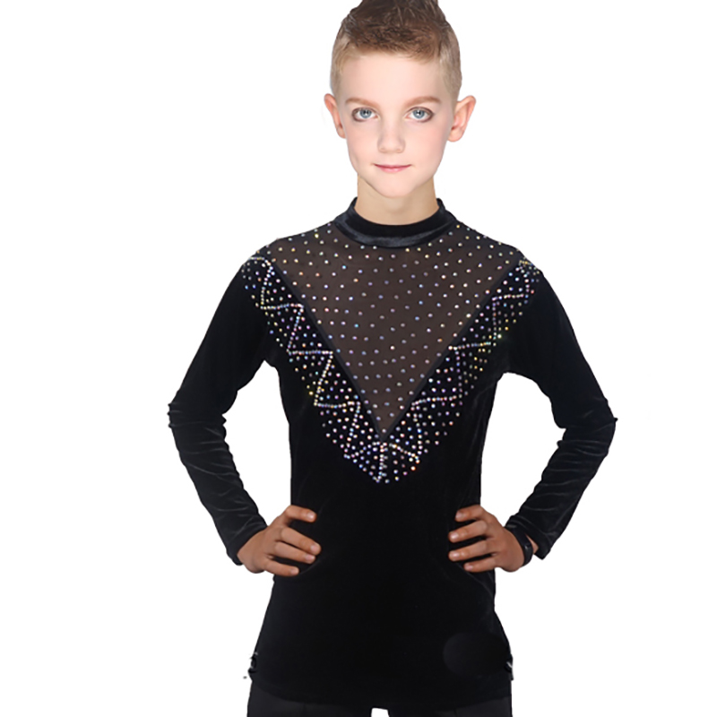 

Latest Latin Dance Tops Boys Black Perspective Rhinestone Shirt Practice Rumba/Ballroom Competition Boys Dance Clothes VDB726