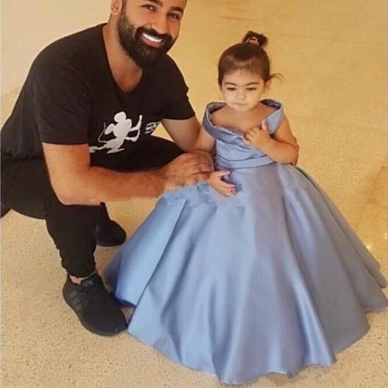 

Off Shoulder Flower Girls Dresses Satin Sky Blue Girls Party Toddler Pageant Birthday Gowns Kids Formal Wear First Communion Dresses Z39, Royal blue