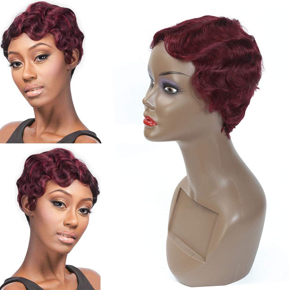 

Short Finger Wave Curly Wigs for Black Women Human hair Mommy Wig African American Burgundy Wine Red Color Human Hair Wigs 99j# Short Pixie, 1#