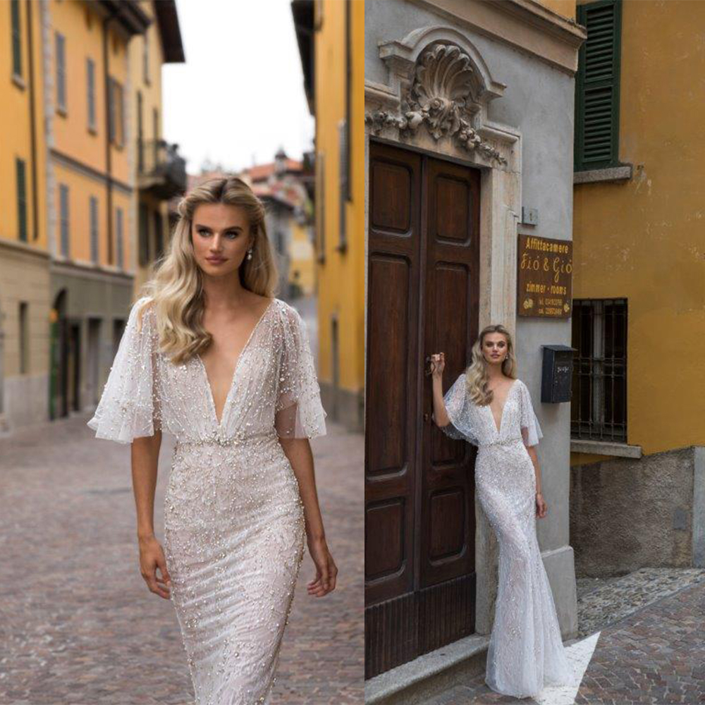 

Julie vino Mermaid Wedding Dresses V Neck 1/2 Long Sleeves Applique Crystal Pearls Wedding Dress Floor Length Vestidos De Novia, Light yellow