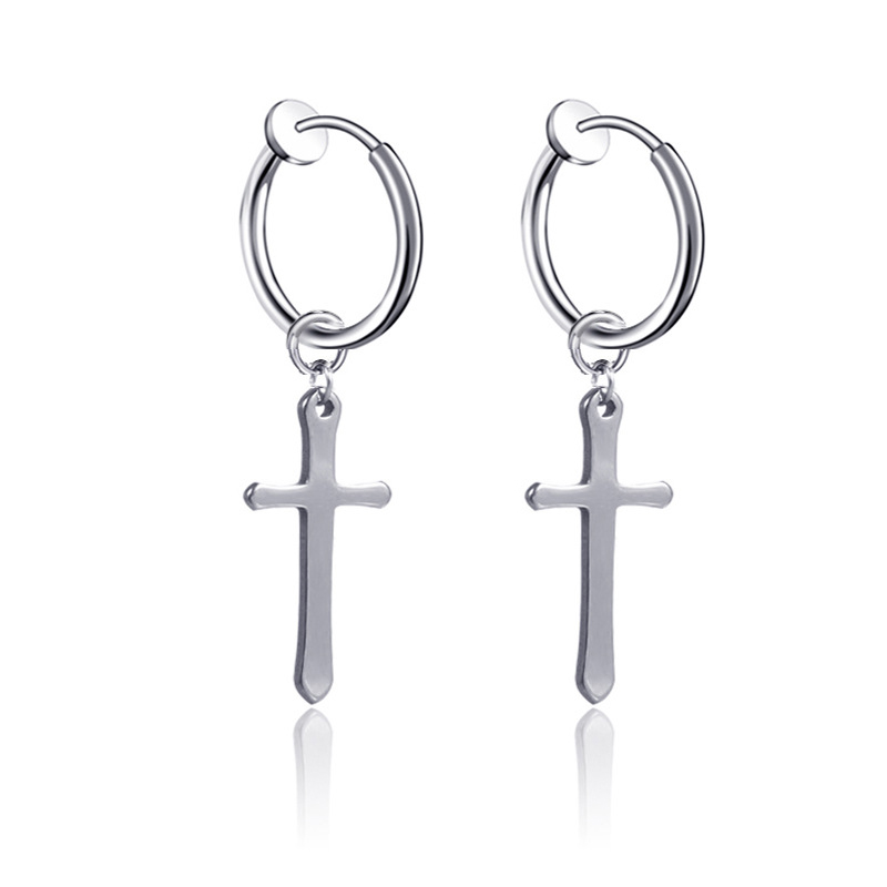 

1Pair 2PC There is no ear hole Men Women Cross Earrings Trendy Hip Hop Rock Clip Earring Male Punk Jewelry Black Silver Color