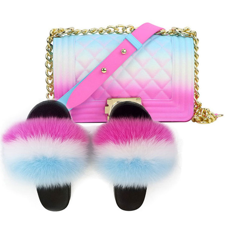 

Fluffy Women Fur Slippers Set-Handbag Furry Real Fur Slides Shoes Rainbow Colorful Jelly Shoulder Bag Candy Crossbody Purse, Natural color