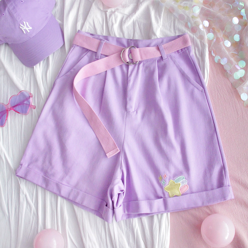 

Women Kawaii Wide Leg shorts Teen Girls Harajuku Cartoon Denim Shorts Women High Waist Cute Casual Belt Purple Jeans Short Femme