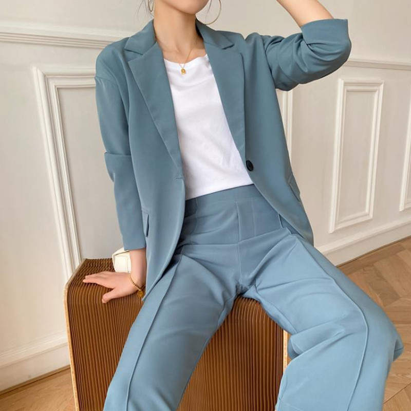 

Women Pant Suit Fashion Solid Blazer Jacket & Pants 2020 New Office Lady Work Wear Women Suits Two-piece Blazers Sets, Green