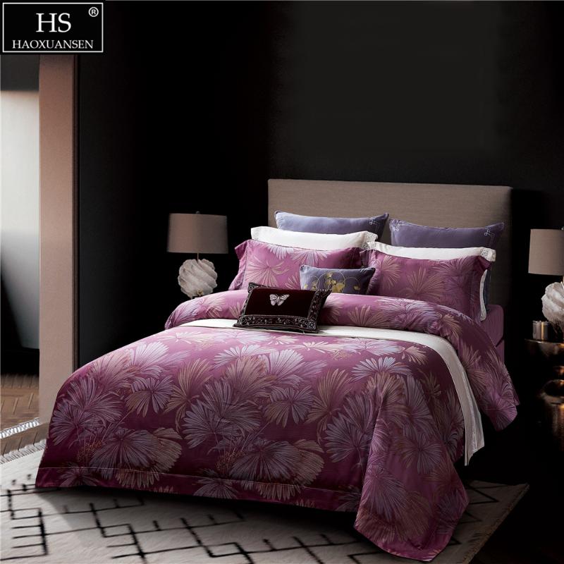 

Purple Fabric Mysterious Palm Leaves Bedding set Egyptian Cotton Yarn Dyed Jacquard Bedsheet Quilt Cover Pillowcase  Size