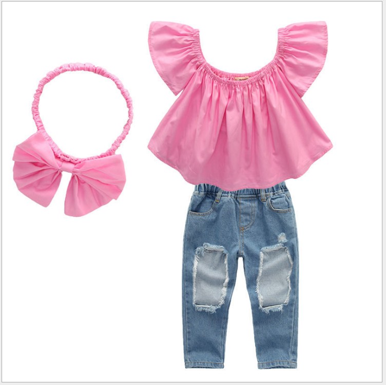 

2019 New Arrivals Girls Kids designer Clothing Sets Summer Fashion Girls Clothes Suit Pink Blouse+Hole Jeans+Headband 3PCS Set For Children, As picture