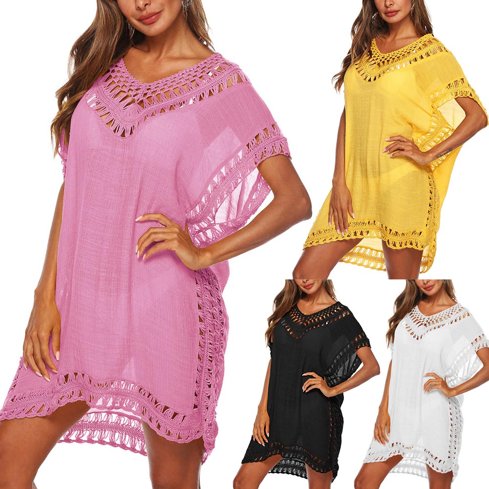 

Newly Women Bikini Swimsuit Cover Summer Boho V-neck Kaftan Tunic Hollow Loose Beach Dress SD669