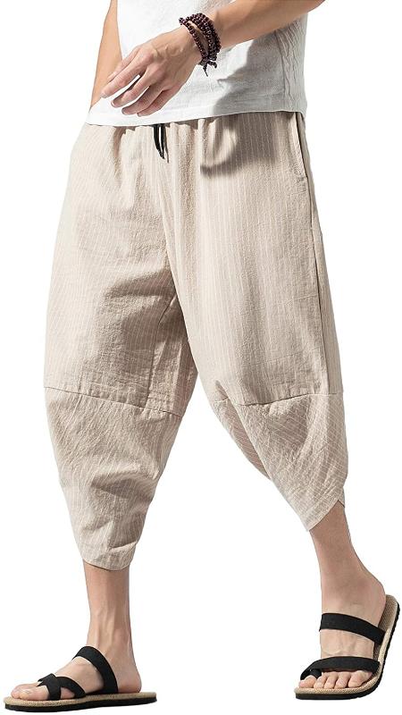 

Shanghai Story Men's Linen Stripe Capri Linen Trousers Summer Harem Pants Wide Leg Baggy, Black