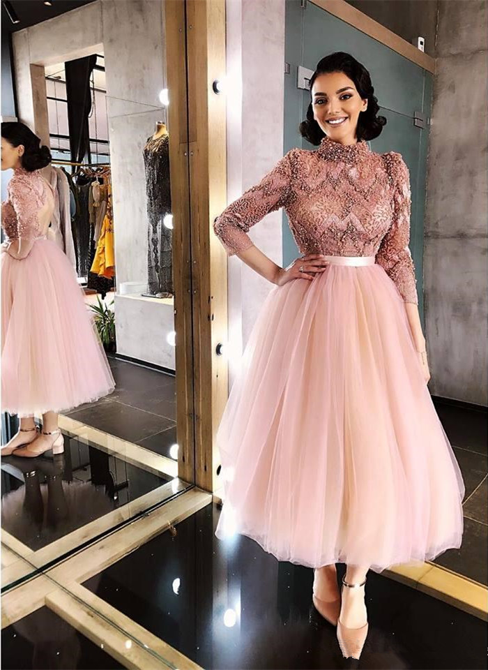 

New Sexy Open Back Prom Dresses 3/4 Long Sleeves Beaded High Collar Evening Gowns Tea Length Tulle A Line Bride Dress, Silver