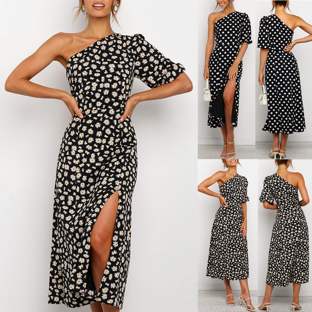

Fashion boho dressWomen Sexy One Shoulder bodycon dressShort Sleeves Daisy Floral Print Slit Dress bayan elbise