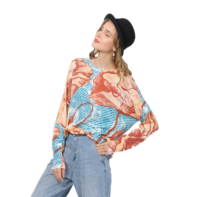 

Autumn Digital Printing Sweater Women' Sweater Knit Crew Neck Mid-length Women' Tops High Elastic Pull Femme D6333, Blue