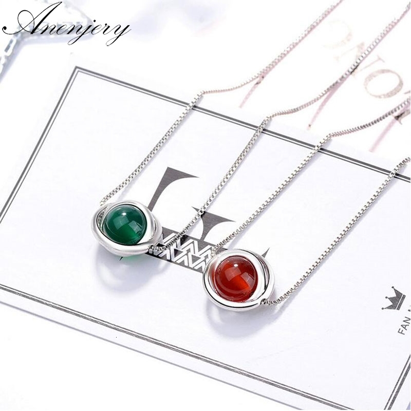 

Newest 925 Sterling Silver Red Green Stone Pendant Necklaces For Women Short Clavicle Chain Choker Collares
