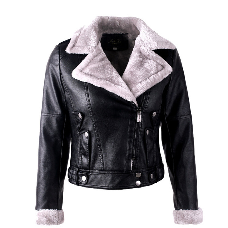 

High Quality Women Winter Leather Jacket With Long Fleece Warm Ladies Outwear Coat Turn-down Collar Short Jackets, Black