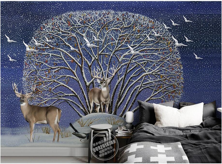

3d wallpaper custom photo mural European 3D oil painting fortune tree elk flying bird background wall home decor wall picture 3d stickers, Non-woven